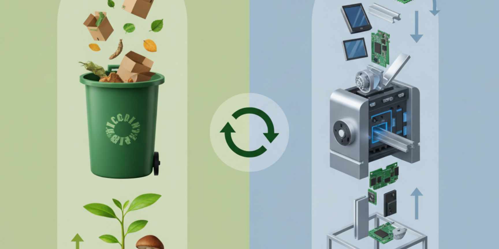 Grafik zeigt das Cradle-to-Cradle-Prinzip mit zwei Kreisläufen: Links der biologische Kreislauf, wo organische Abfälle wie Bananenschalen und Kartons in Erde umgewandelt werden, aus der Pflanzen wachsen. Rechts der technische Kreislauf, wo elektronische Geräte und Metallteile geschreddert und in neue Produkte umgewandelt werden. Ein grüner Recycling-Pfeil in der Mitte symbolisiert die Verbindung beider Kreisläufe. Der Hintergrund ist links grünlich und rechts bläulich